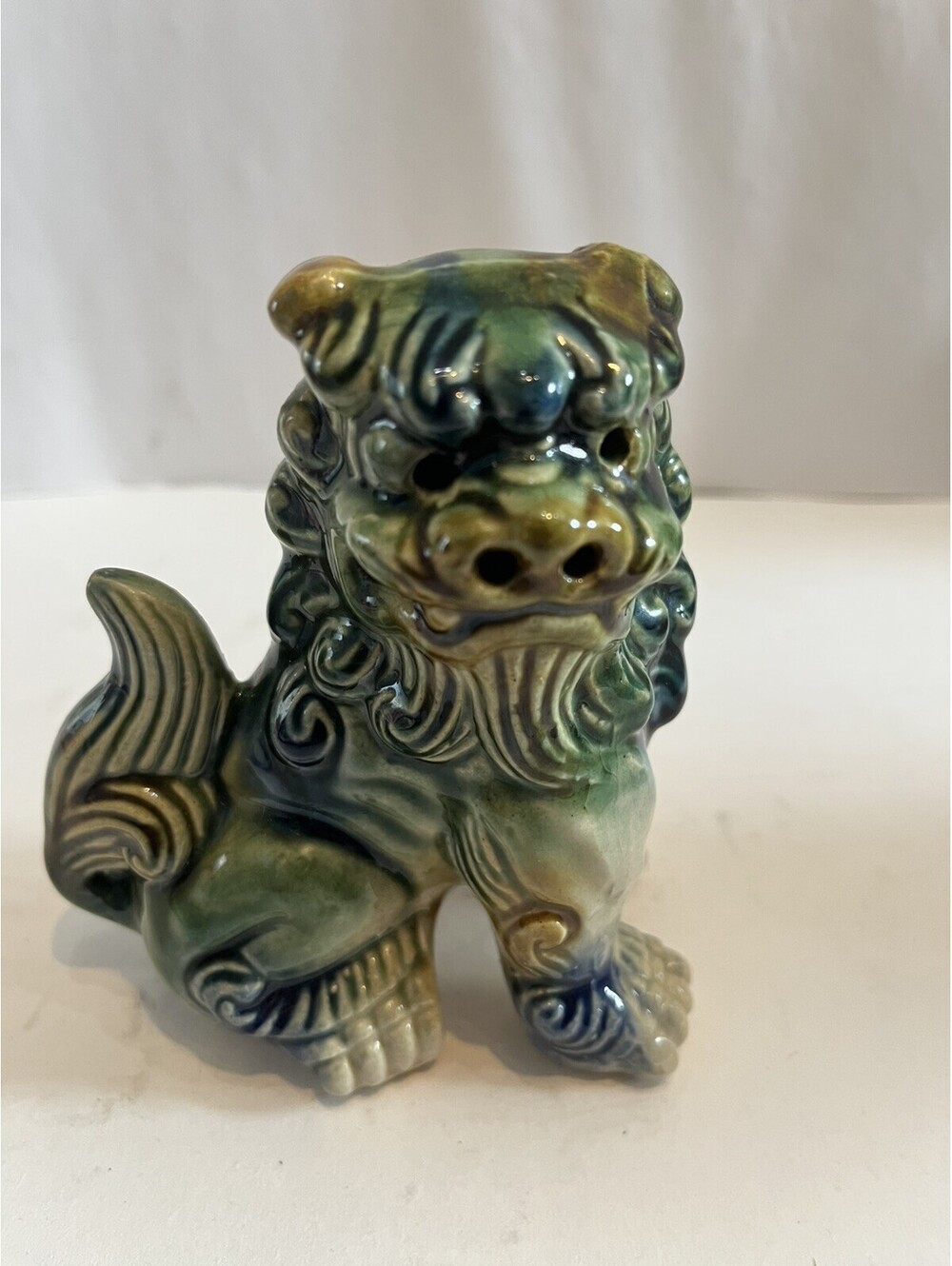 Vintage Glazed Ceramic Chinese Shishi Dog Guardian Lion 5" Green Blue Brown